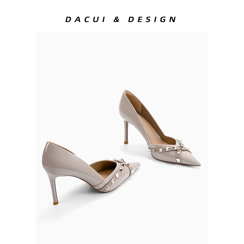 欧若风裸色尖头铆钉单鞋v口细跟通勤职业2025新款漆皮洋气高跟鞋