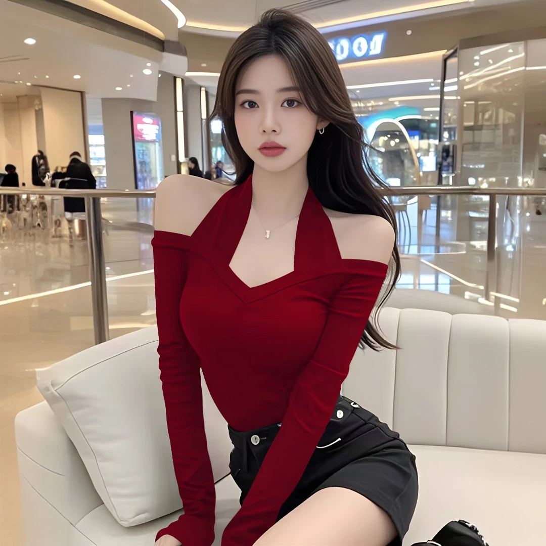 酒红色性感露肩短款上衣一字肩长袖t恤女气质内搭显瘦修身打底衫