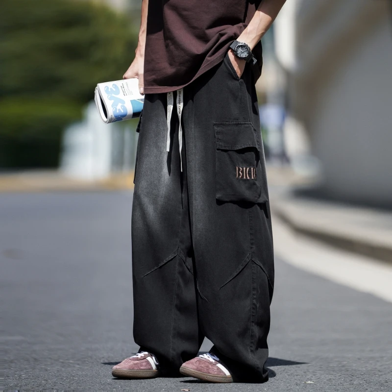 大码男士夏季牛仔裤直筒裤冰丝宽松天丝莱赛尔潮胖高街复古阔腿裤