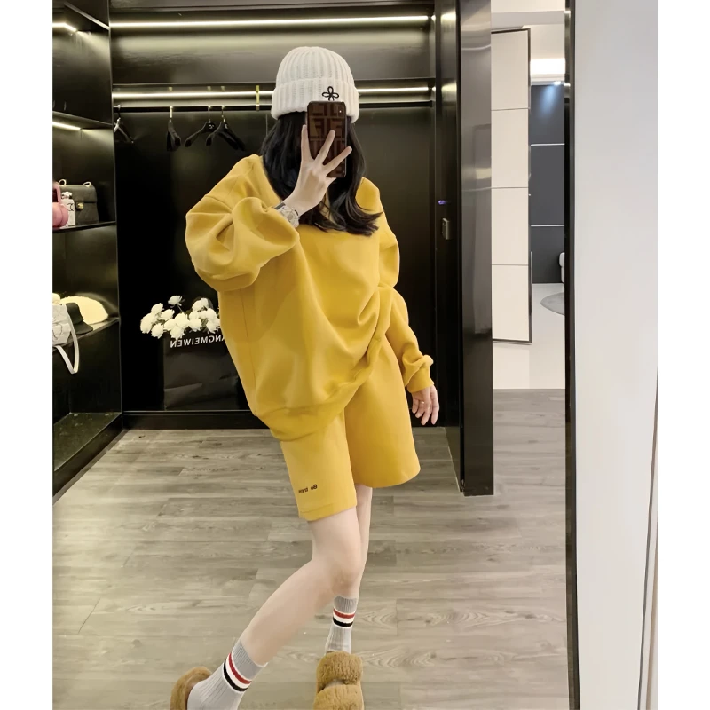 网红黄色休闲运动卫衣套装女春秋减龄宽松连帽百搭时尚慵懒风薄款