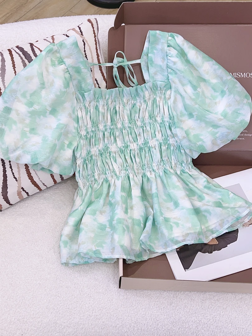 琳心丨夏季新款绿色时尚气质法式方领碎花松紧衬衫 1223