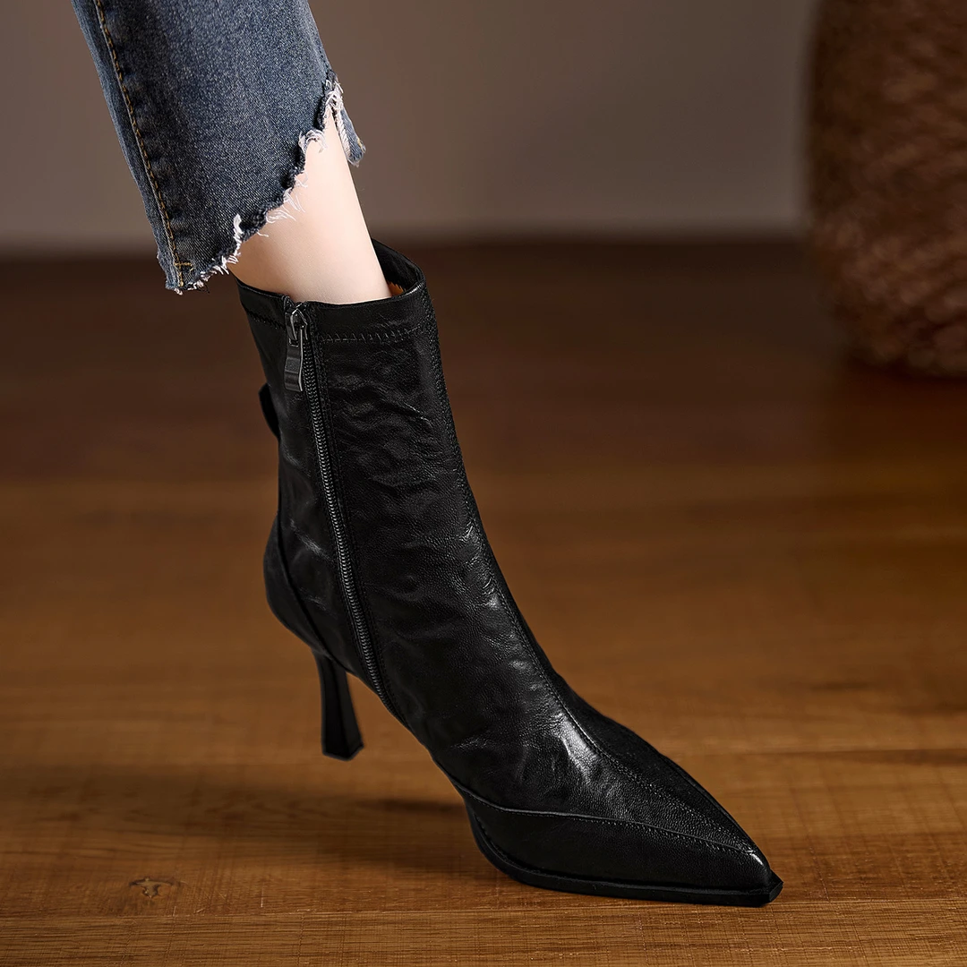 2025秋冬新款手抓羊皮细跟尖头短靴侧拉链法式高跟时装靴瘦瘦靴子