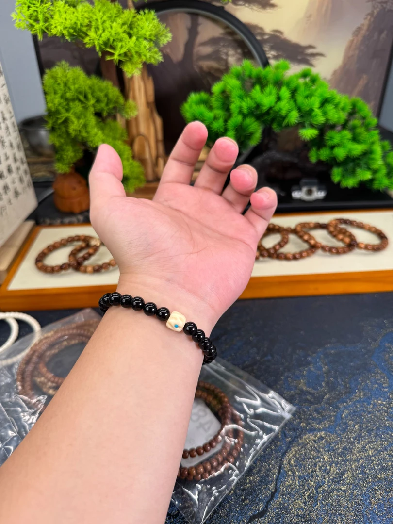 黑金椰蒂 搭配金高玉 7mm圆珠手串