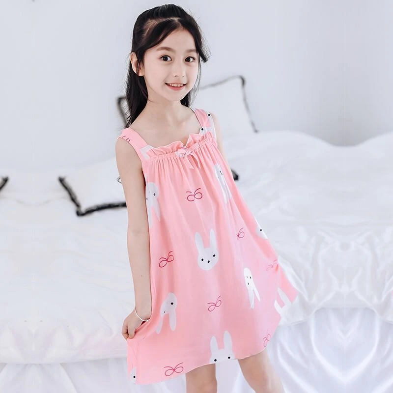 女童睡裙棉绸女孩睡衣无袖夏季中大童吊带连衣裙人造棉家居服薄款