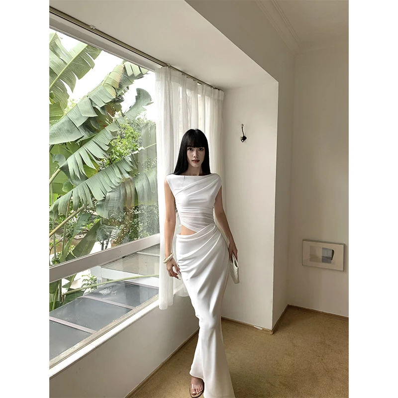 VENUIE【月光独白】网纱拼接连衣裙设计感小众长款包臀鱼尾裙22237