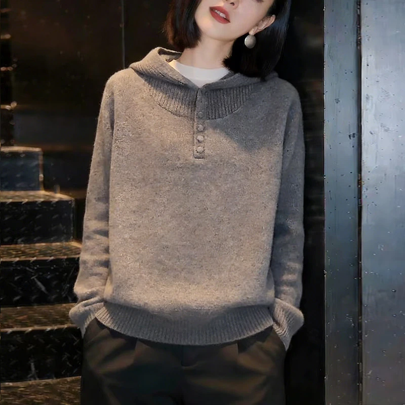 灰色连帽套头毛衣女秋冬慵懒高级感宽松显瘦内搭打底针织帽衫上衣