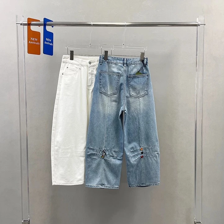 欧洲站春夏款设计款复古色彩色纽扣八分牛仔裤女宽松阔腿裤99015