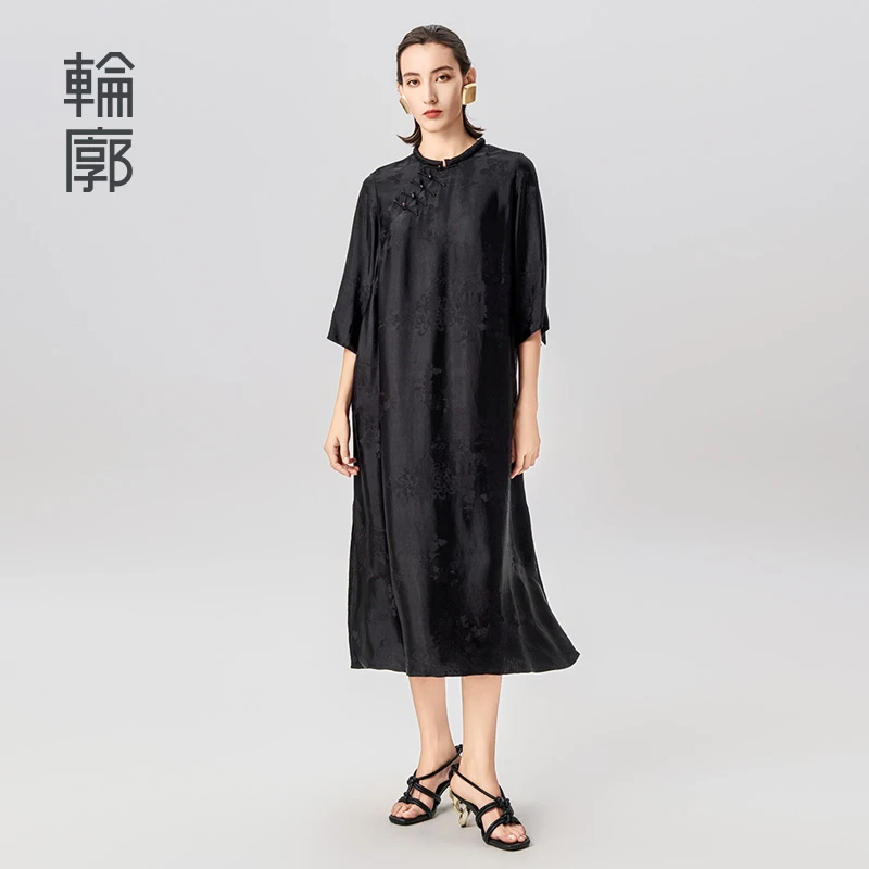 轮廓无双提花连衣裙中式立体小圆领女连衣裙L241Y063