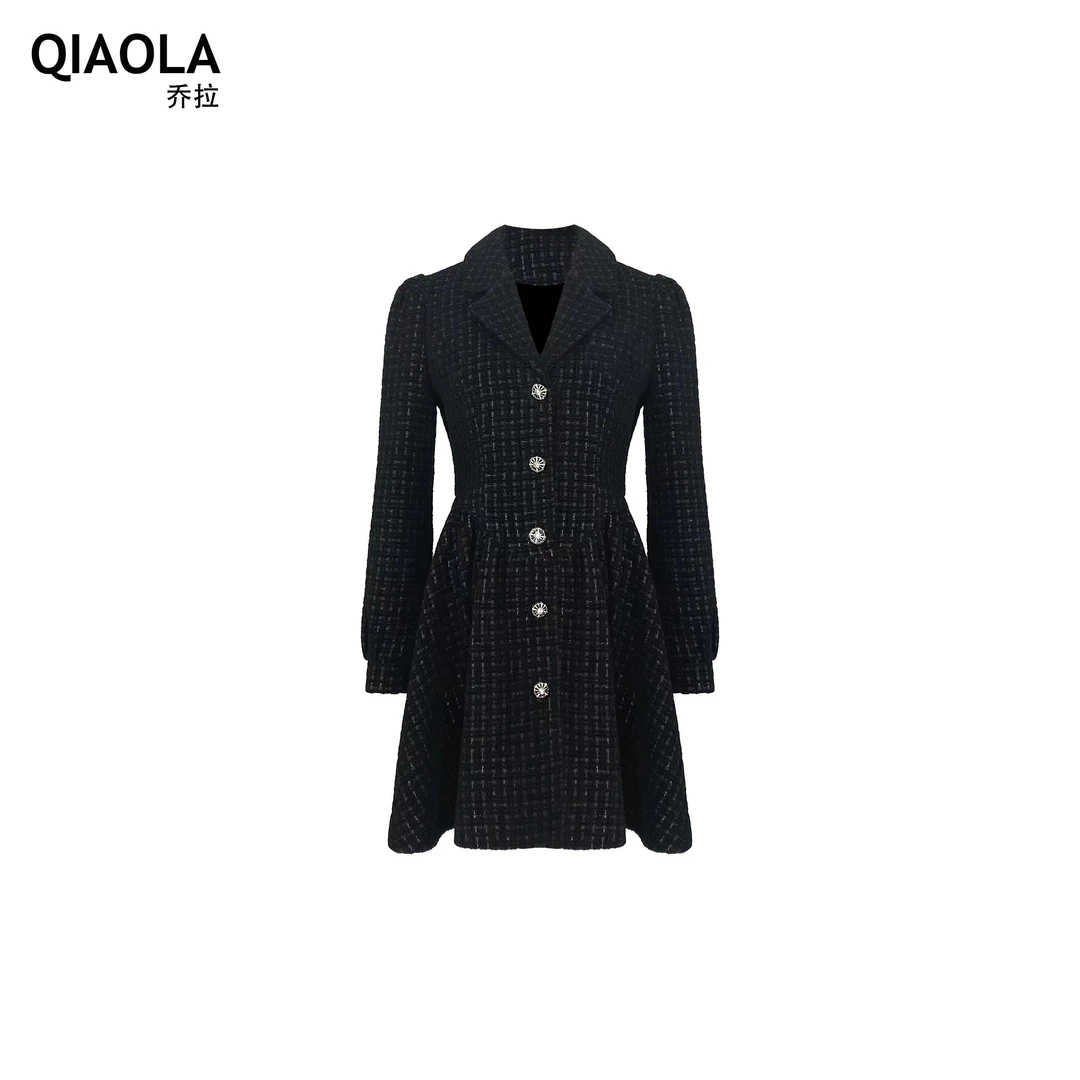 QIAOLA/乔拉【暗夜星辉】春立体格纹收腰显瘦时尚连衣裙预售