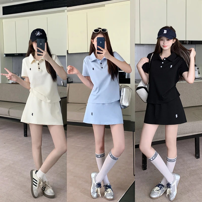 X夏季大码女装套装显瘦POLO领上衣+假两件裤裙两件套 6076