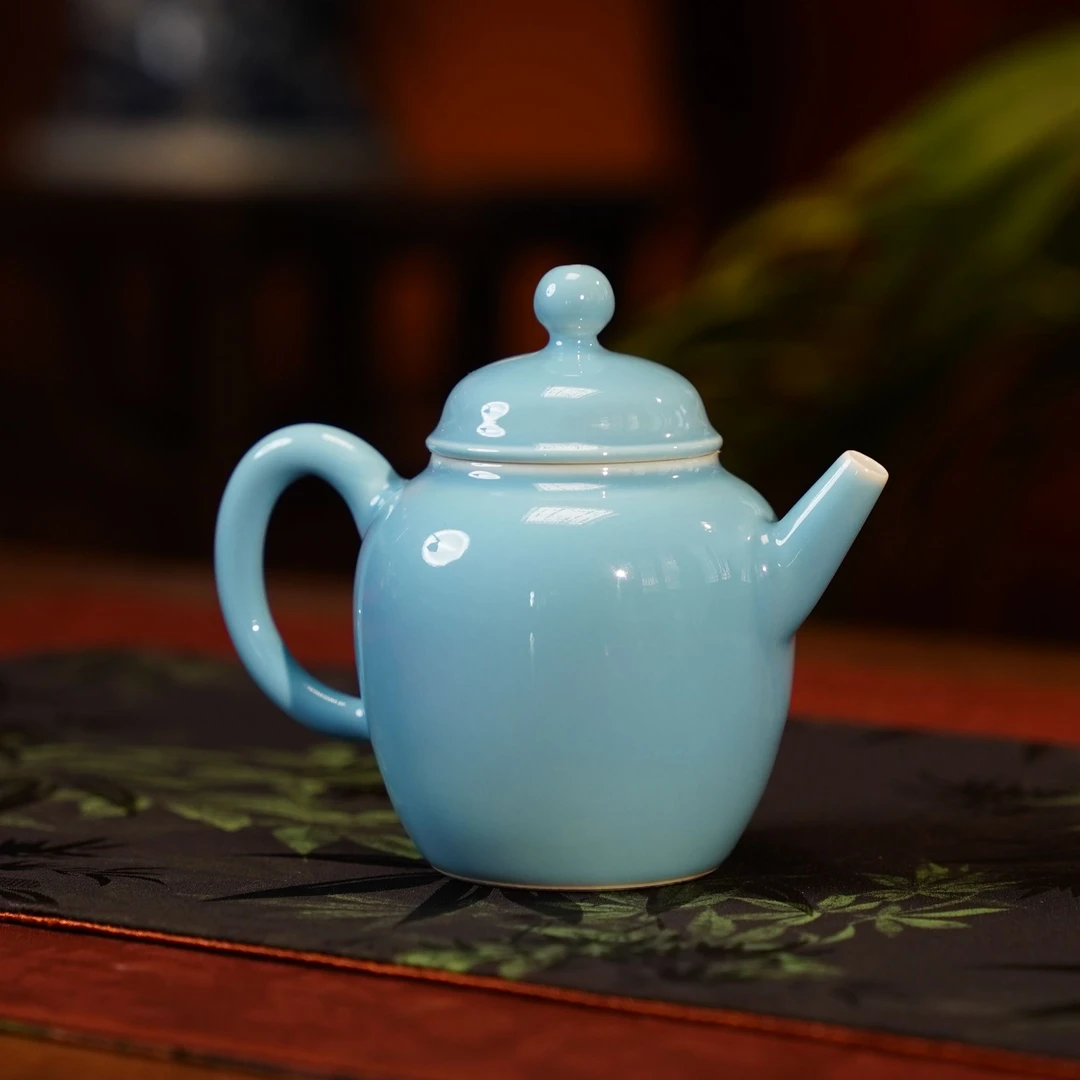 正德御窑永明尚玩天青大肚小茶壶陶瓷景德镇茶具手绘品茗茶器1228