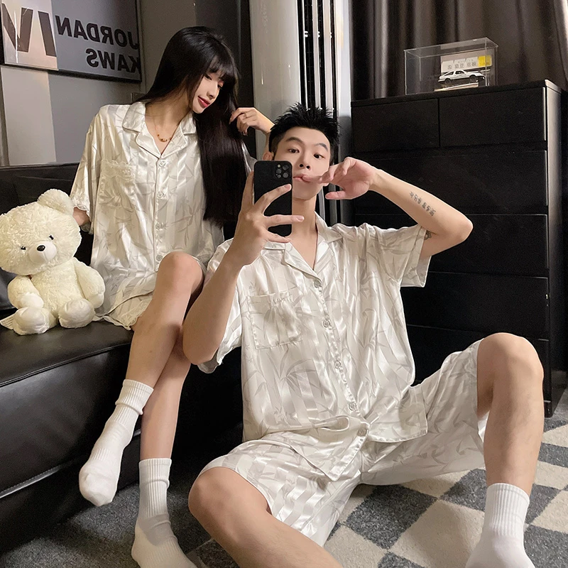 夏季短袖冰丝绸情侣睡衣女高级感日系薄款竹子夏天男士家居服套装