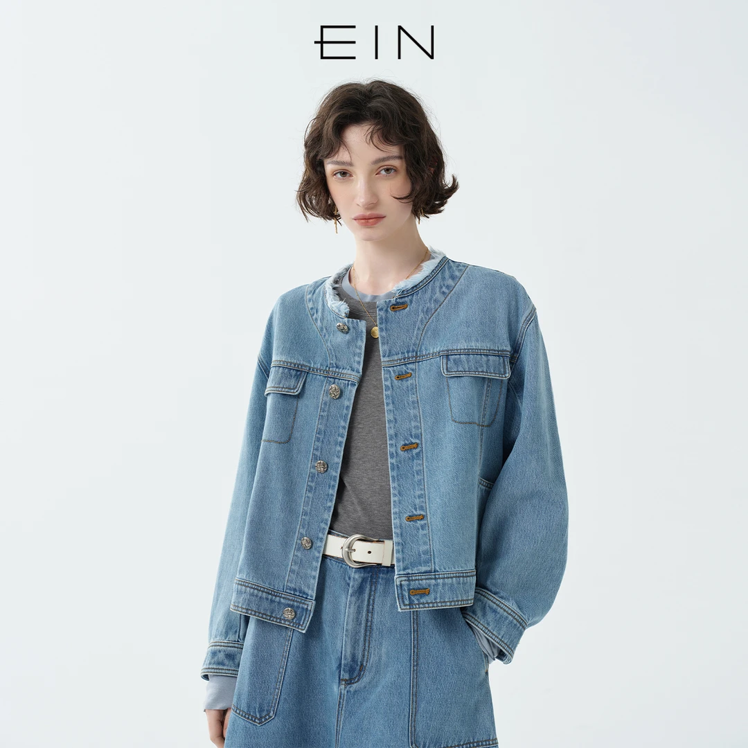 EIN/言工装风毛边领口袋装饰箱型复古牛仔短外套2025早秋新款