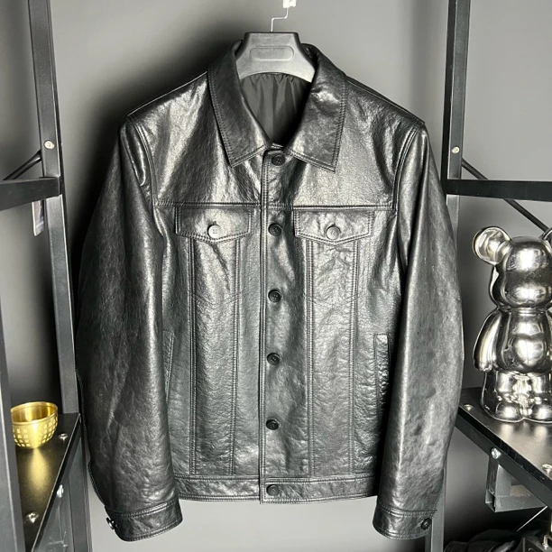 88011男士真皮皮衣短款翻领休闲百搭牛仔夹克外套