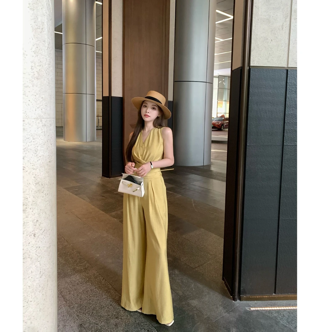 SZA【月光刻本】夏季新款设计感V领无袖上衣+阔腿裤套装A-2010