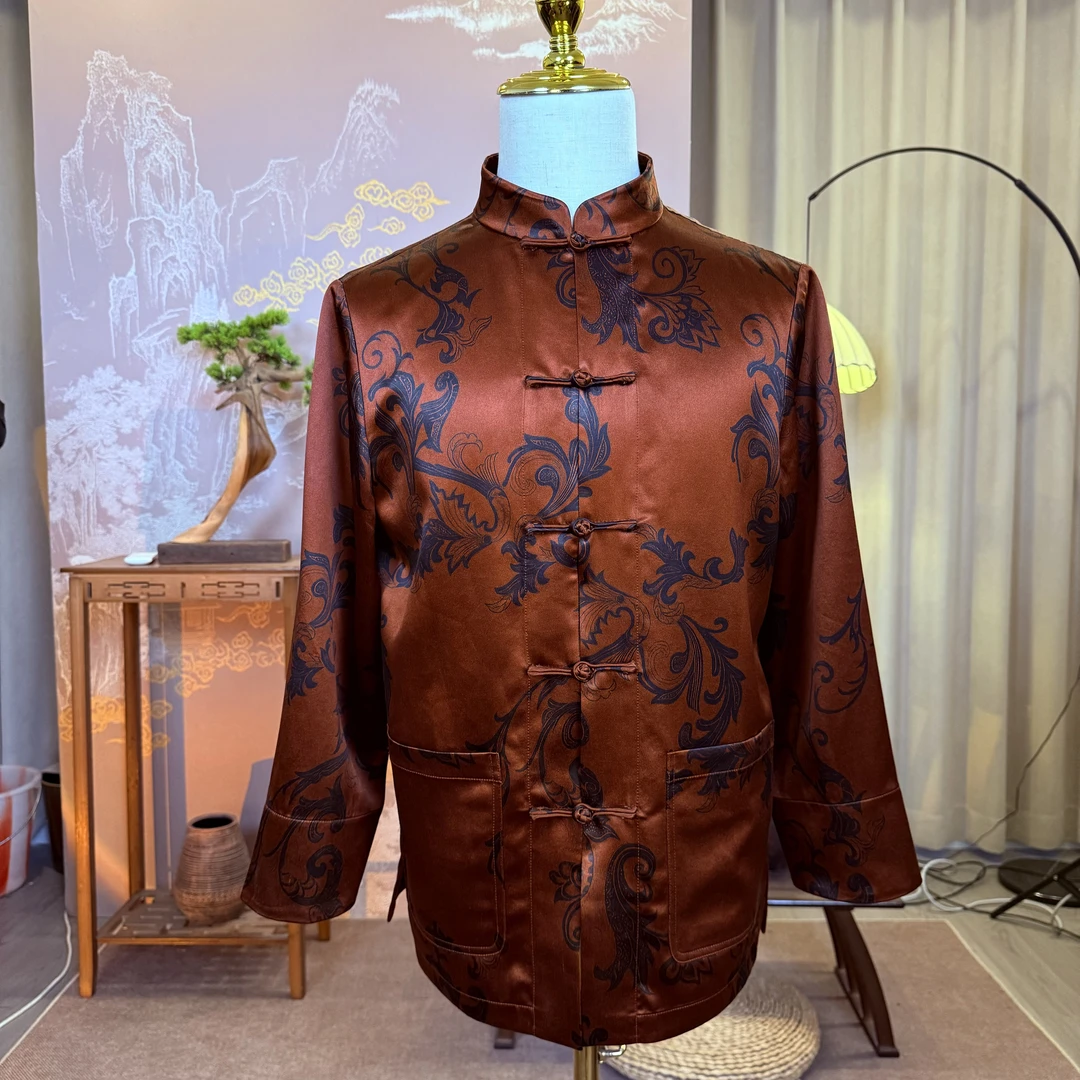 馨蕴古玥 香云纱新款凤尾花重锻男士上衣新中式唐装外套