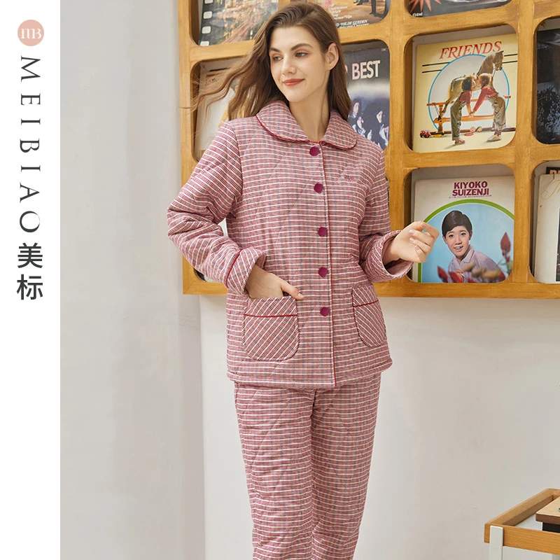 美标加厚保暖情侣纯棉睡衣女士梭织磨毛三层夹棉秋冬家居服300042