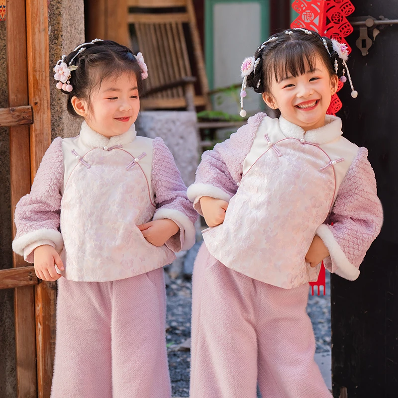 西子问女童汉服【紫芙】原创民族风中国风拜年服冬季保暖裤装套装