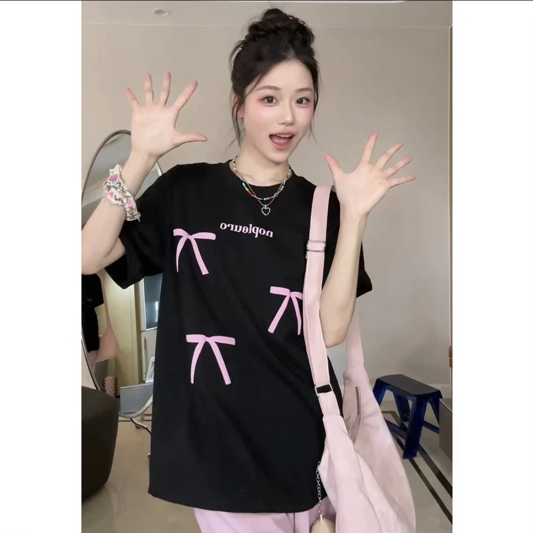 AZGO百搭宽松印花ins美式纯棉休闲小众学生圆领T恤（粉色蝴蝶结）