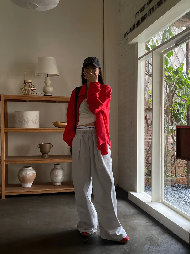 Moment（66177#）慵懒字母拼色阔腿裤 （裤长107 腰围64）