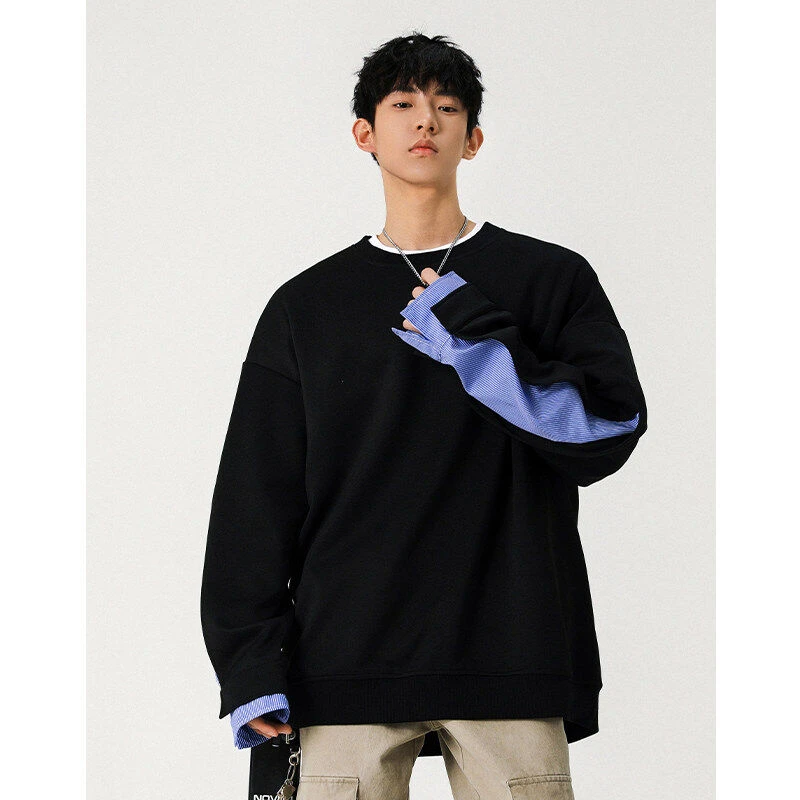 美式潮流撞色拼接圆领卫衣男春季高级感潮牌宽松百搭长袖炸街上衣