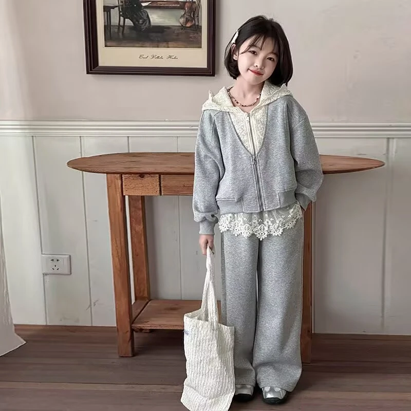 女童休闲套装春秋季新款2025新款儿童洋气蕾丝连帽外套两件套