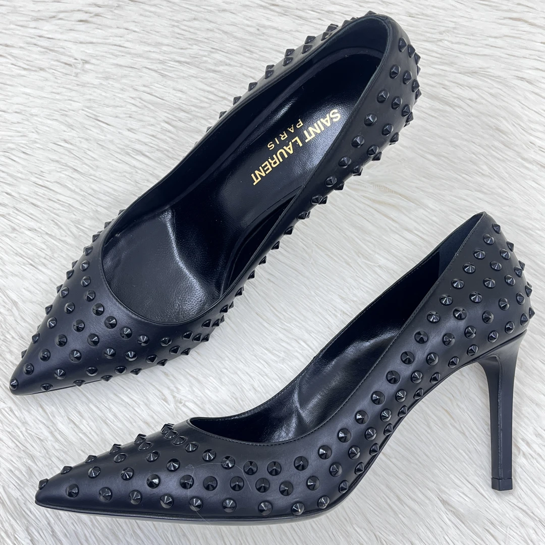 99新 YSL/圣罗兰 铆钉尖头细跟高跟鞋 37码 公价8.6k j3009