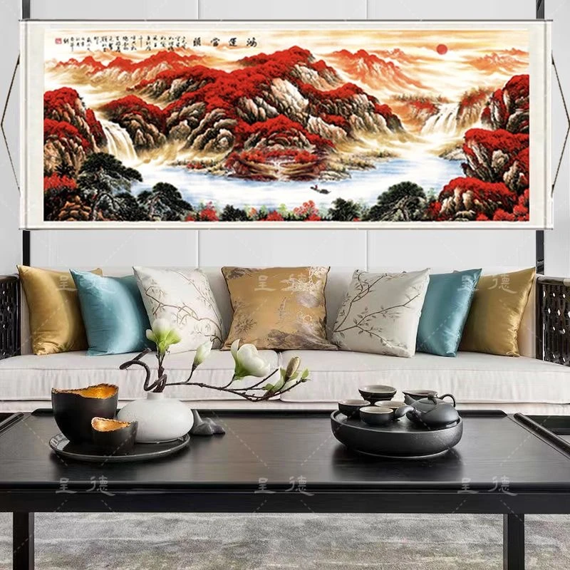 《鸿运当头带太阳》220*72横幅山水客厅书房茶室办公室装饰画挂画