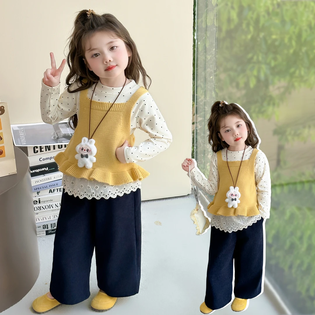 女童针织毛衣背心套装春秋款2025新款儿童秋装可爱女宝宝三件套潮