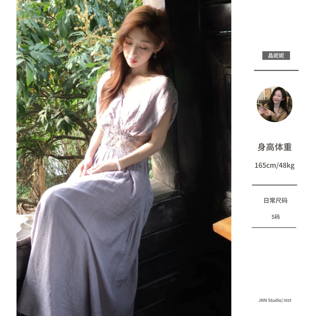 JNN 月亮女神 法式V领收腰连衣裙水溶蕾丝拼接小众设计