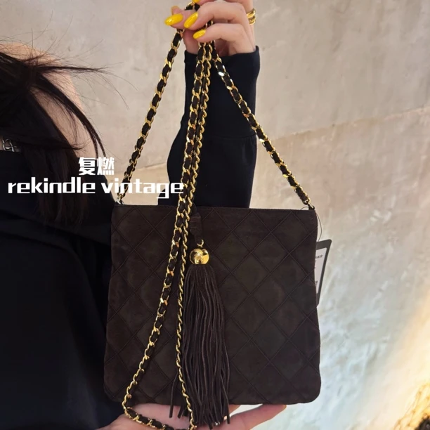 95新 Chanel/香奈儿 复燃精选/棕色金球流苏菱格纹斜挎包