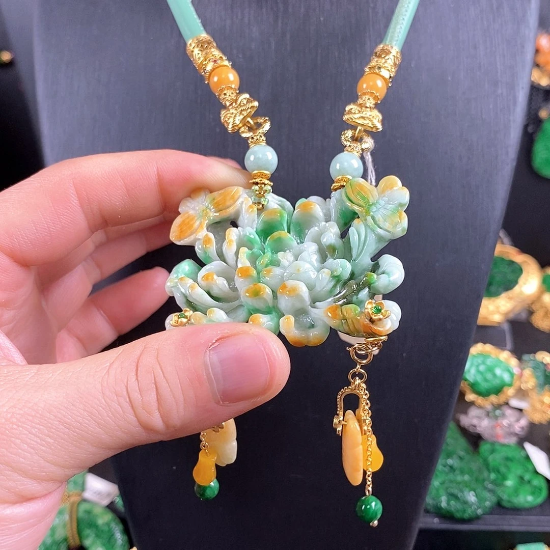 翡翠银S925镀金镶嵌颈饰吊坠