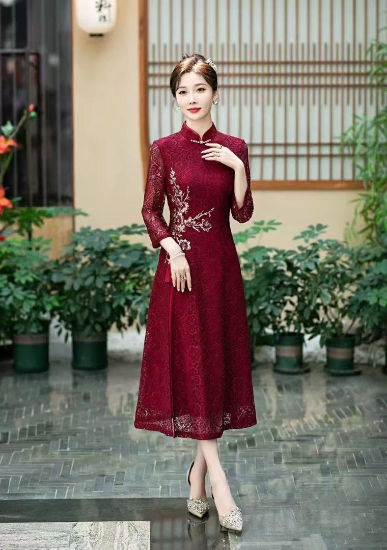 【牵手】中国风红色蕾丝喜庆烫钻旗袍裙气质修身显瘦复古中长款