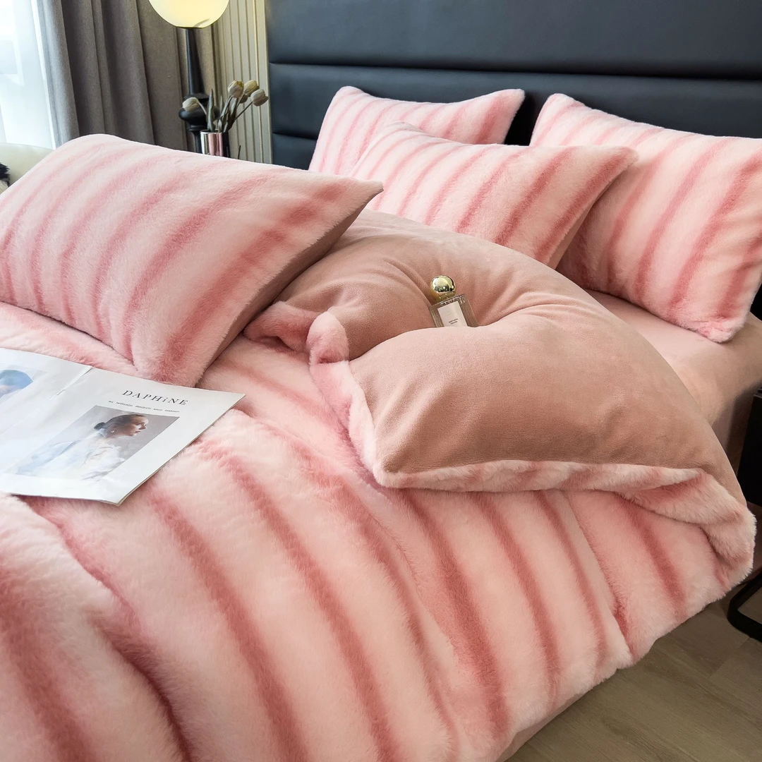 POCKET PIG/布袋猪简约【平印条纹粉】新款背印条纹加厚免绒四件套