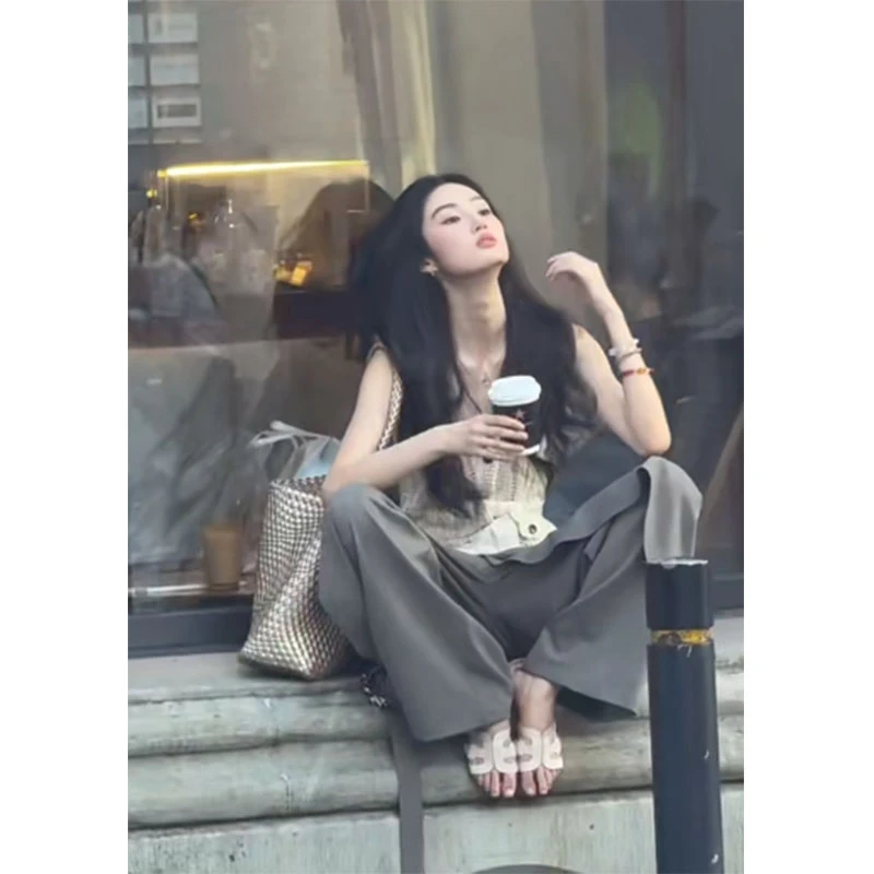 2025夏季法式设计款显瘦修身无字针织上衣休闲宽松时尚百搭长裤女