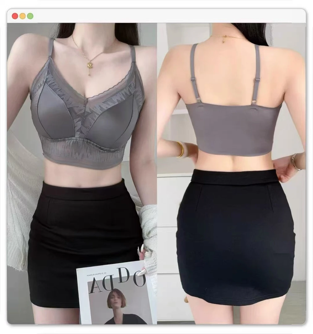 欧货大码新款蕾丝性感油缎面美背吊带一体杯透气打底内衣女