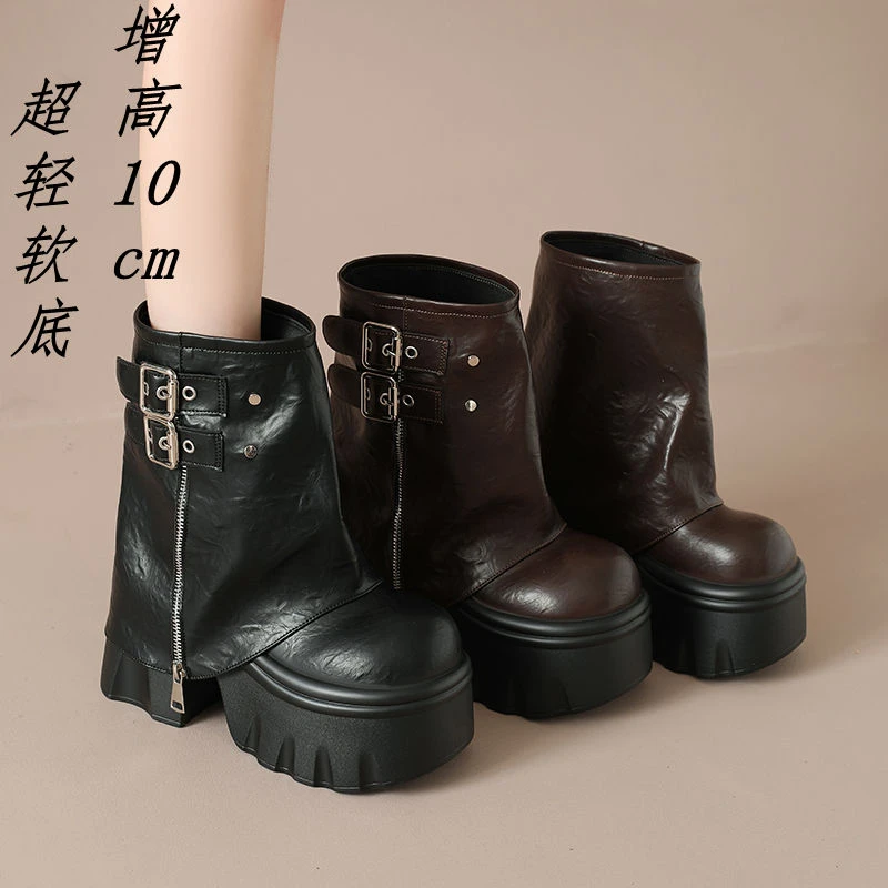 小个子增高10公分裤管靴女美拉德松糕厚底短筒靴子新款粗跟马丁靴