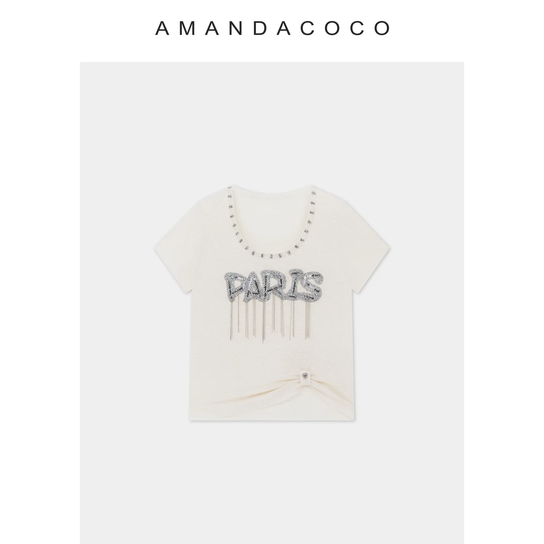 辰辰  | 夏季薄款串钻U领字母流苏拼接短袖针织衫