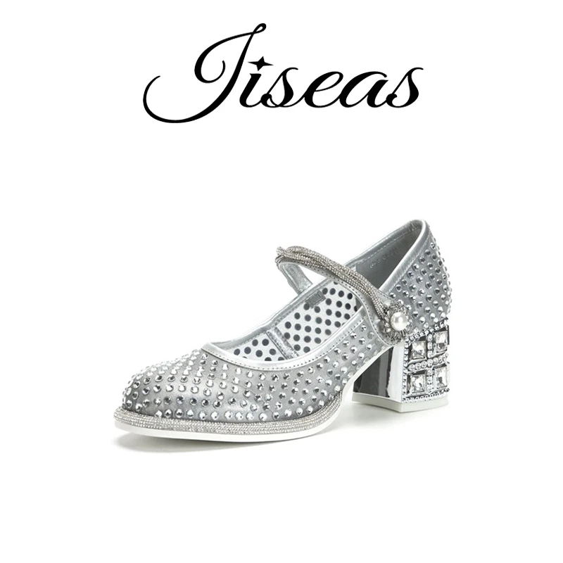 春夏新款清冷温柔感水钻法式玛丽珍粗跟小皮鞋14A1098