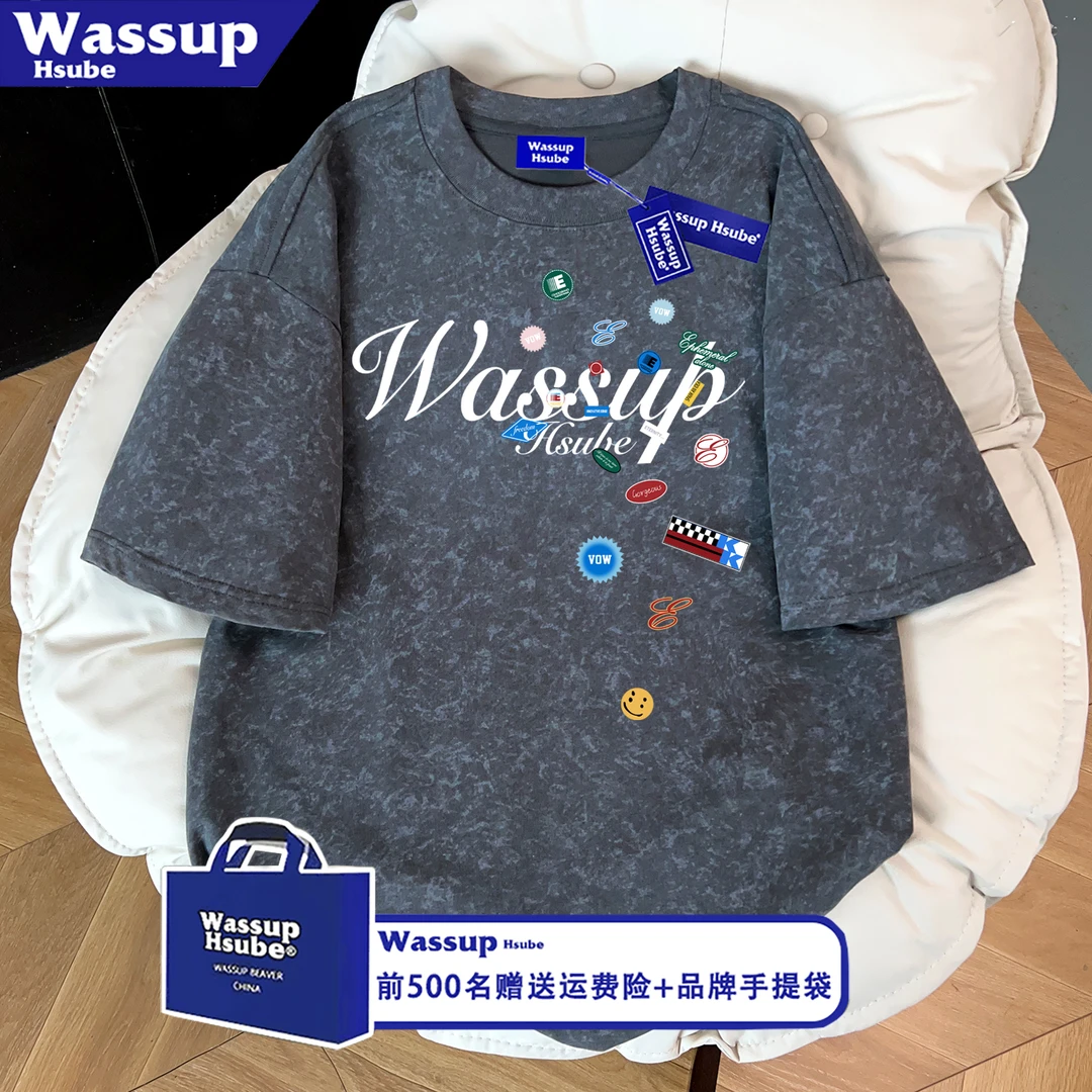 WASSUP HSUBE美式高街复古字母印花碳灰色扎染纯棉短袖T恤男女款