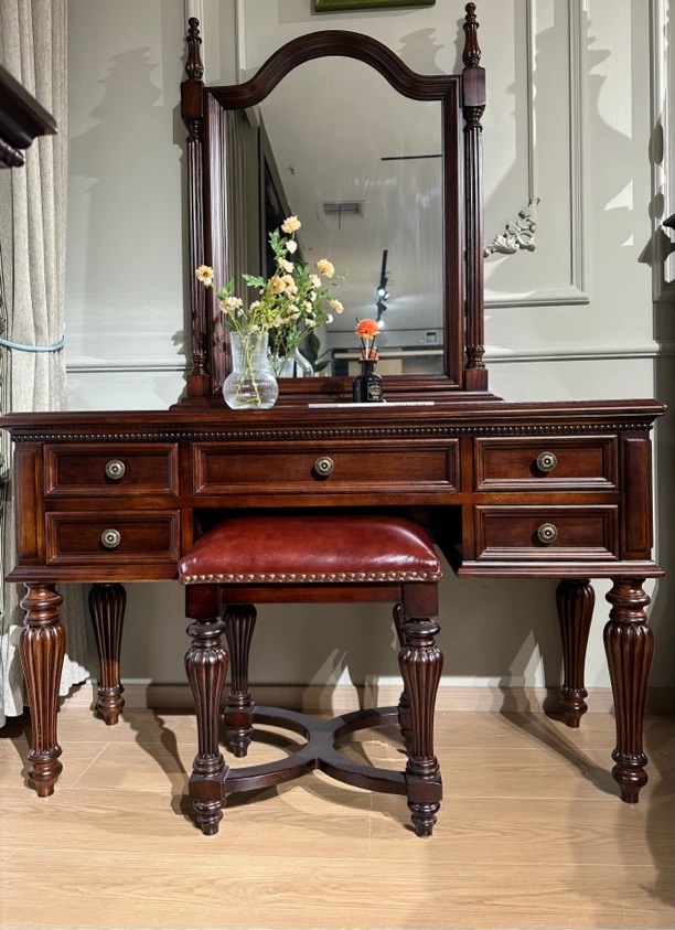 简约美式全实木梳妆台原木化妆桌卧室多功能家具