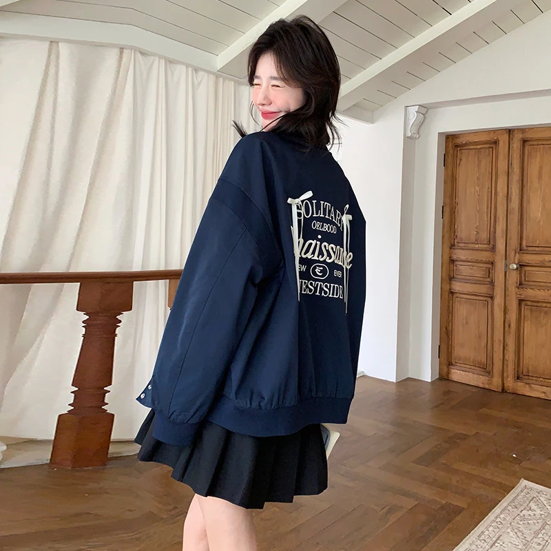 藏青色刺绣棒球服外套女2025春季新款美式复古学院风高级感夹克