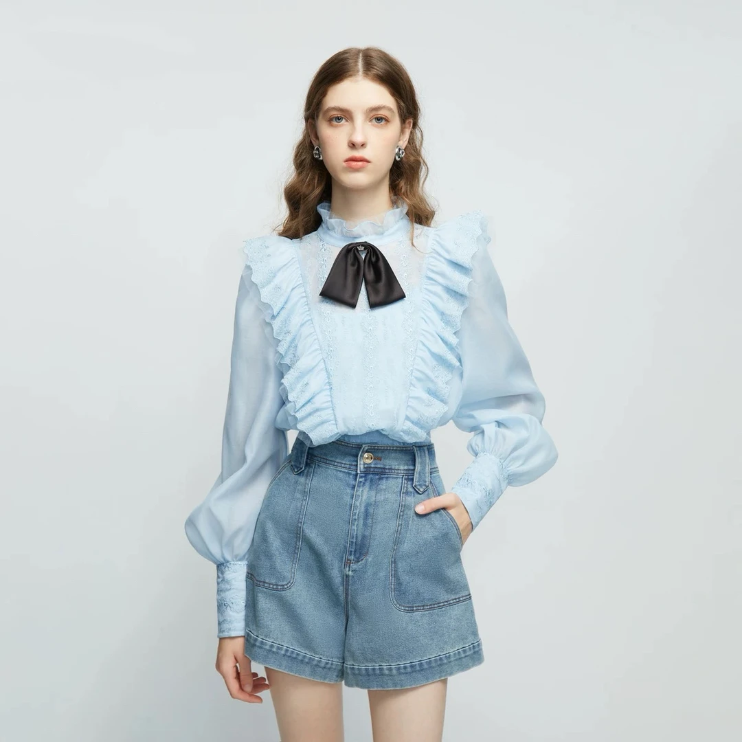 春游出行衣服2025春新款法式绣花荷叶边蝴蝶结上衣名媛气质雪纺衫