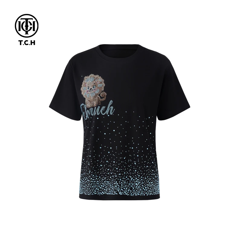 TCH现货私服烫钻工艺小狮子运动百搭休闲T恤女T75A10E5013轻奢tch