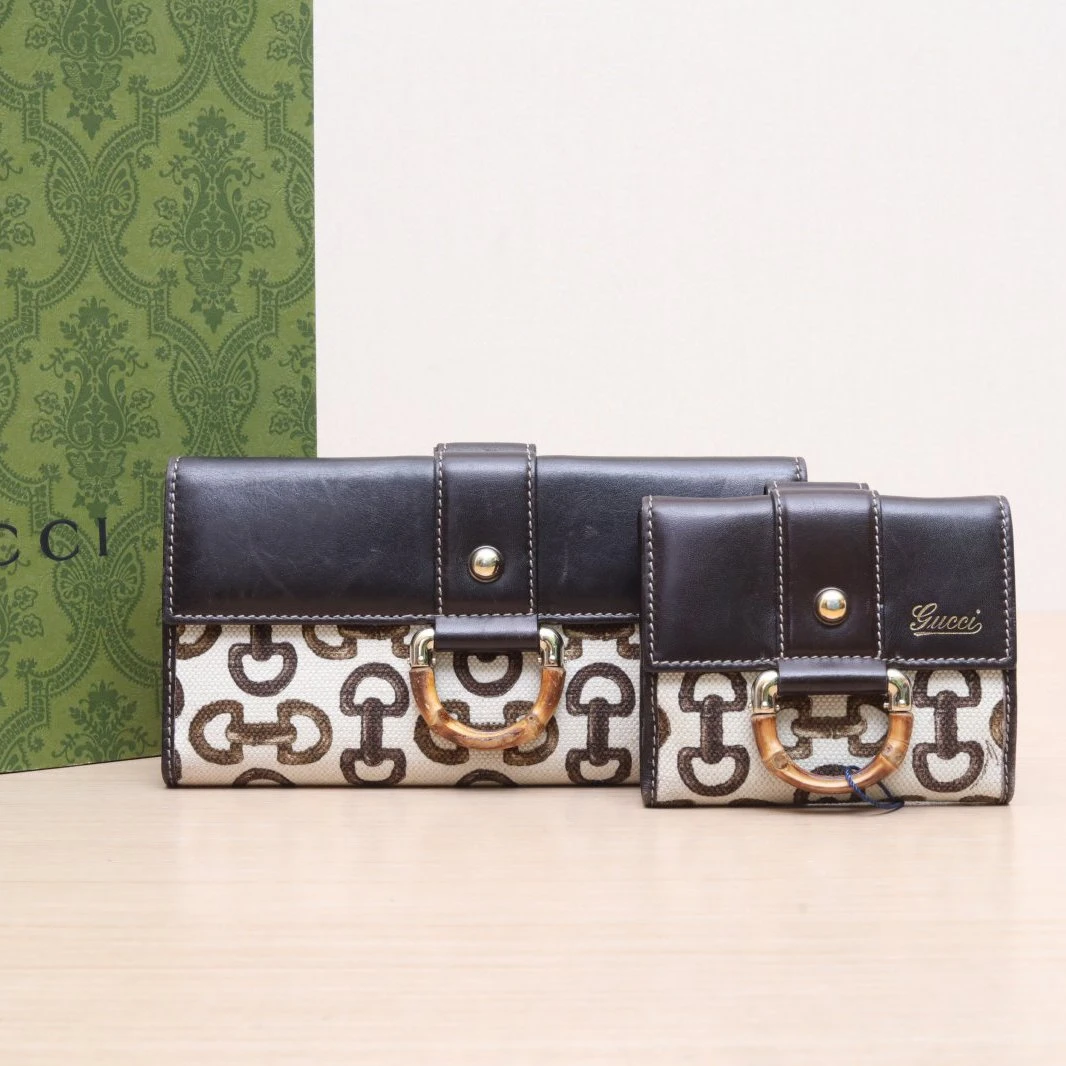 95新 GUCCI/古驰 乌木色 皮革C 帆布 子母 竹节钱包 /P205741895