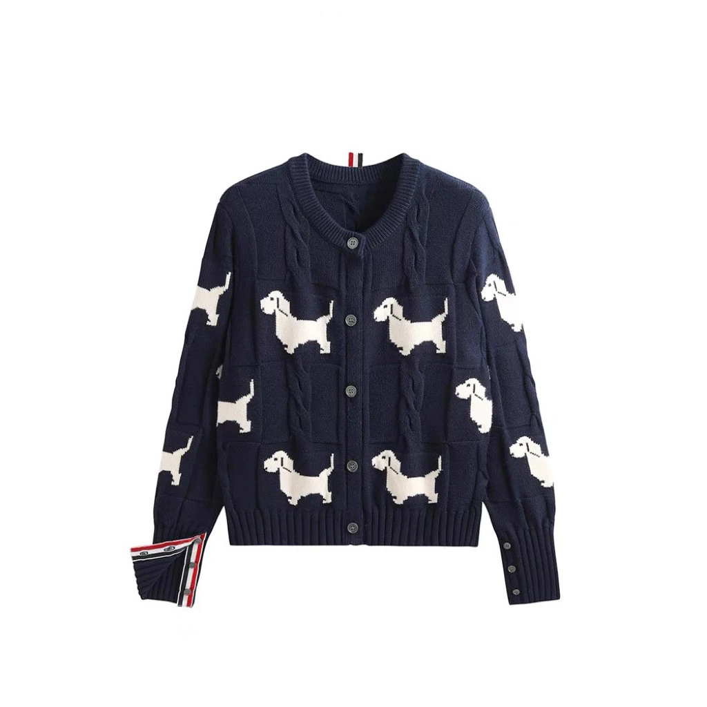 秋冬新品TB时尚感全身个性拼色小熊学院风麻花圆领开襟针织毛衣女