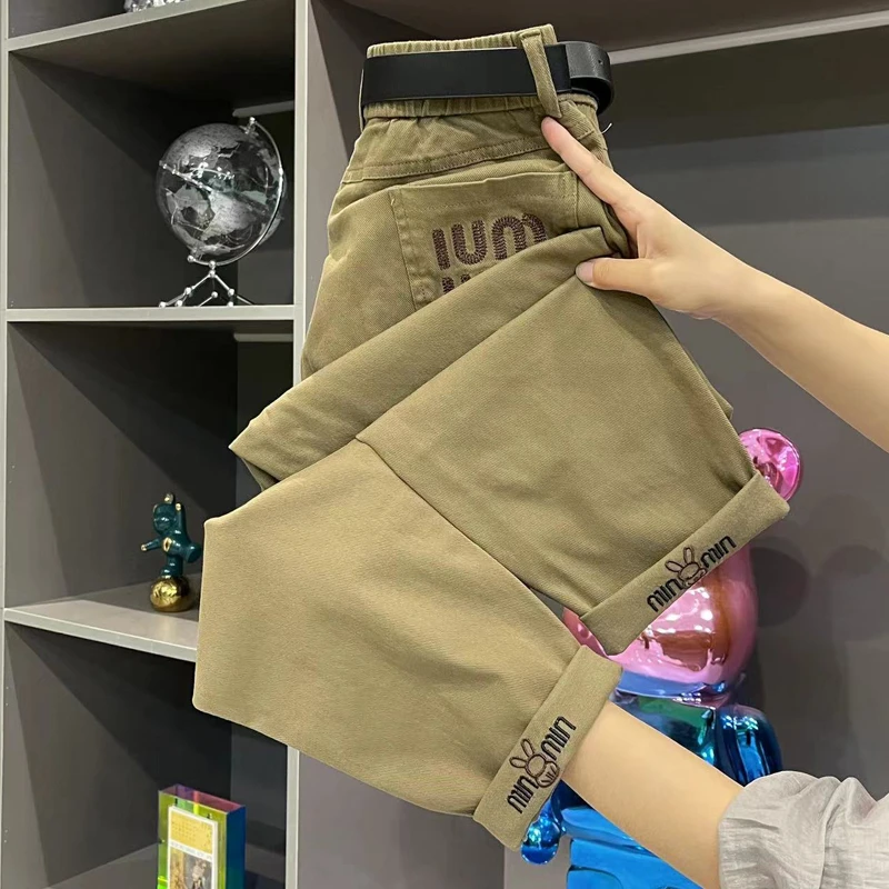 2025秋季新款刺绣字母牛仔裤女高腰弹力显瘦哈伦九分小脚萝卜裤子