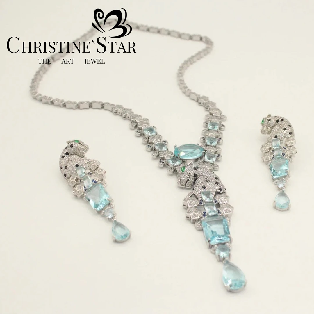 铜合金合成锆石项链 K002 蓝色豹子项链套装