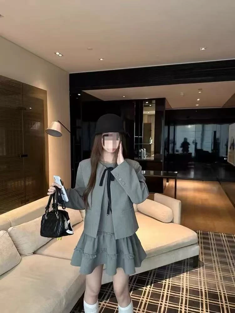 清妍甜美套装蝴蝶结系带长袖外套女秋季内搭连衣裙22796/522796
