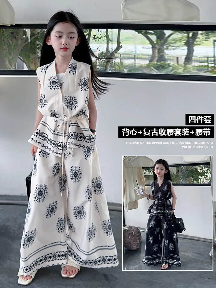 女童夏季复古印花宽松套装无袖背心高腰阔腿长裤度假风一套穿搭夏